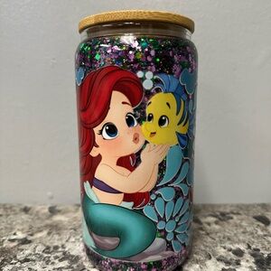 16 oz Glass Snow Globe Baby Ariel cup with Bamboo Lid